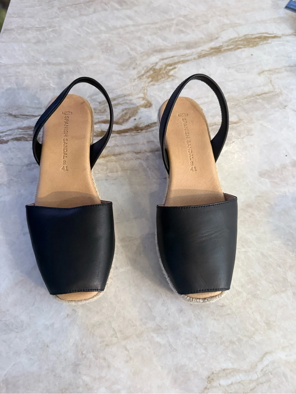 Women's Black Leather Slingback Espadrilles -